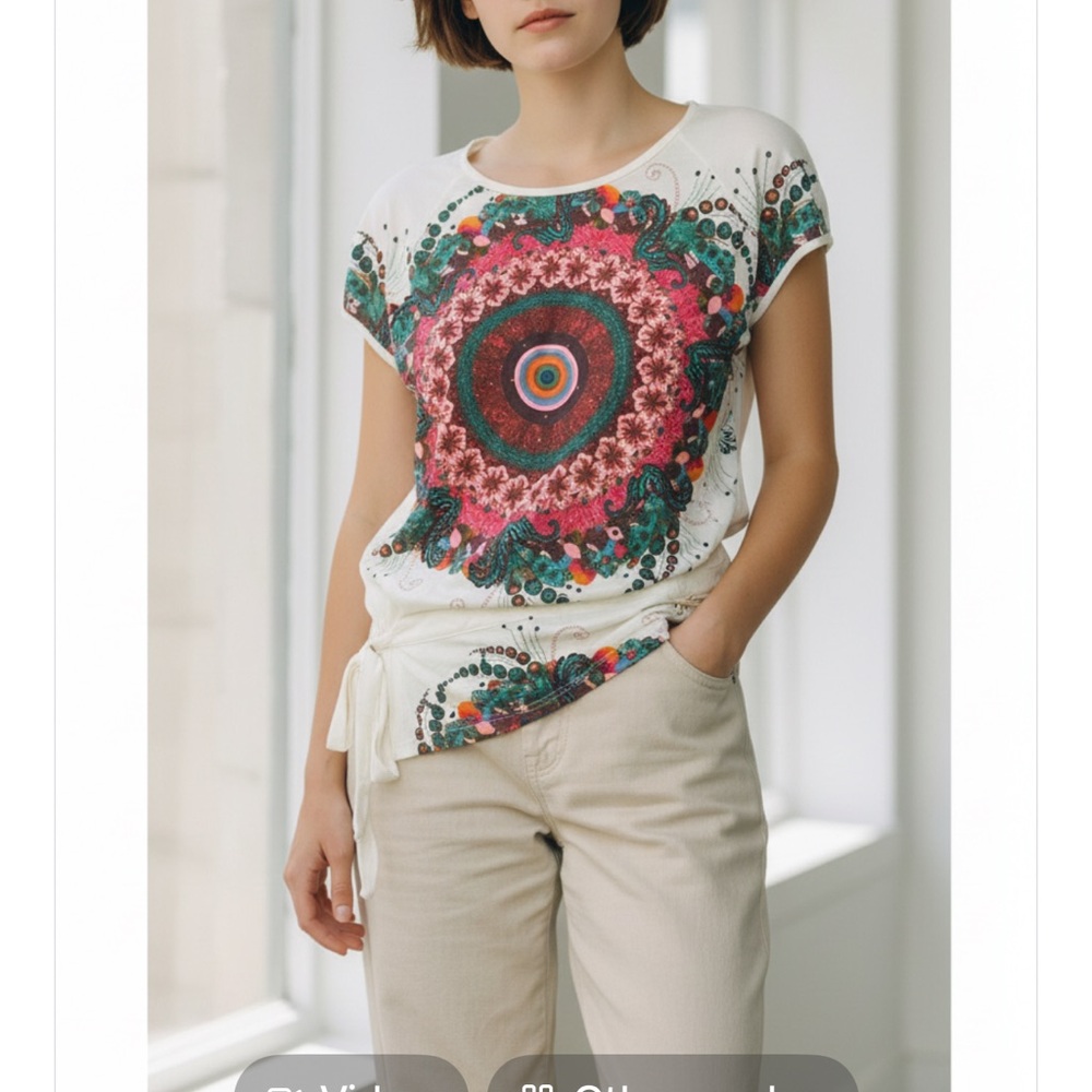Desigual Y2K Short Sleeve Tie Hip Jewel Medallion Colorful Top Size XS NWT